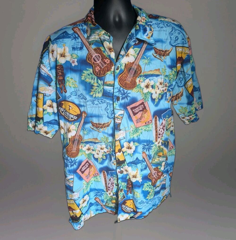 High Surf Hawaiian Shirt Mens 2XL Ukulele Tiki Surfboard Aloha Blue Cotton